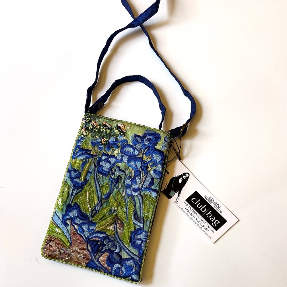 Crossbody Wristlet Club Bag - Van Gogh Blue Irises Beaded Embroidered